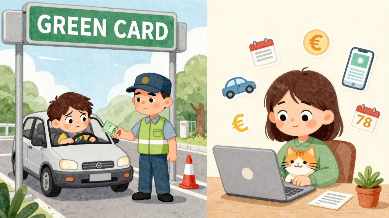 Водитель покупает страховку онлайн дешевле, чем на границе — сравнение цен в иллюстрированном стиле.