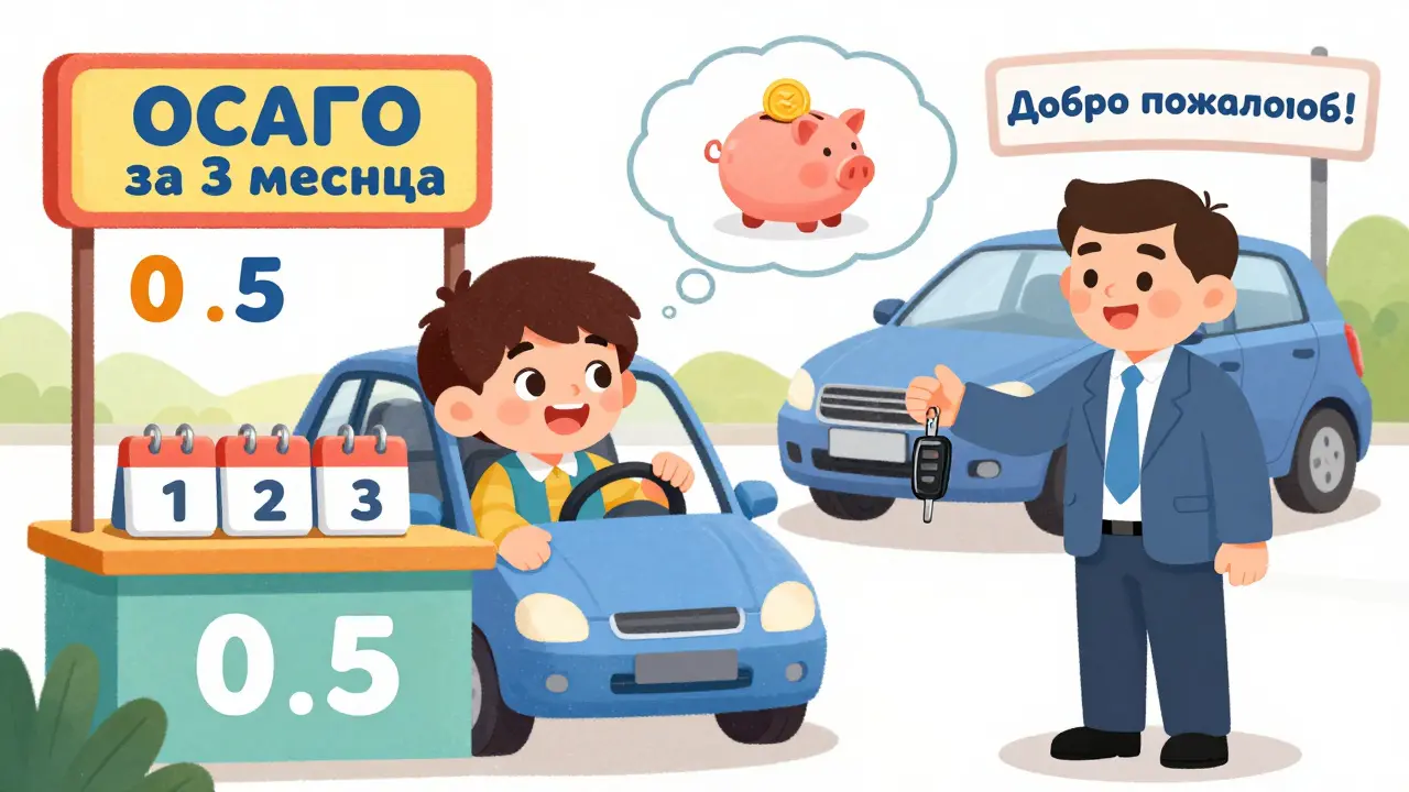 Водитель получает полис ОСАГО на 3 месяца у дружелюбного агента с табличкой о коэффициенте 0,5.