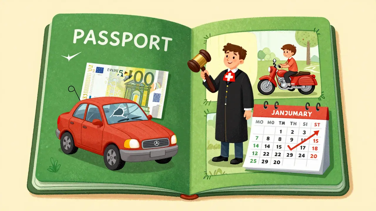 Зелёная карта как волшебный паспорт, раскрывающий сцены дорожных рисков и цен в Европе.