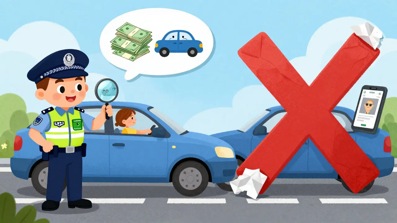 Автомобиль остановлен за границей: офицер проверяет зелёную карту, рядом — запрещающий знак и цифры штрафов.