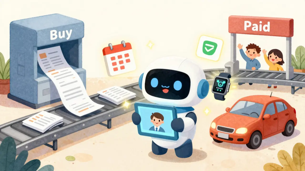 Чат-бот помогает клиенту оформить страховку через смартфон, рядом — умные устройства и автомобиль.