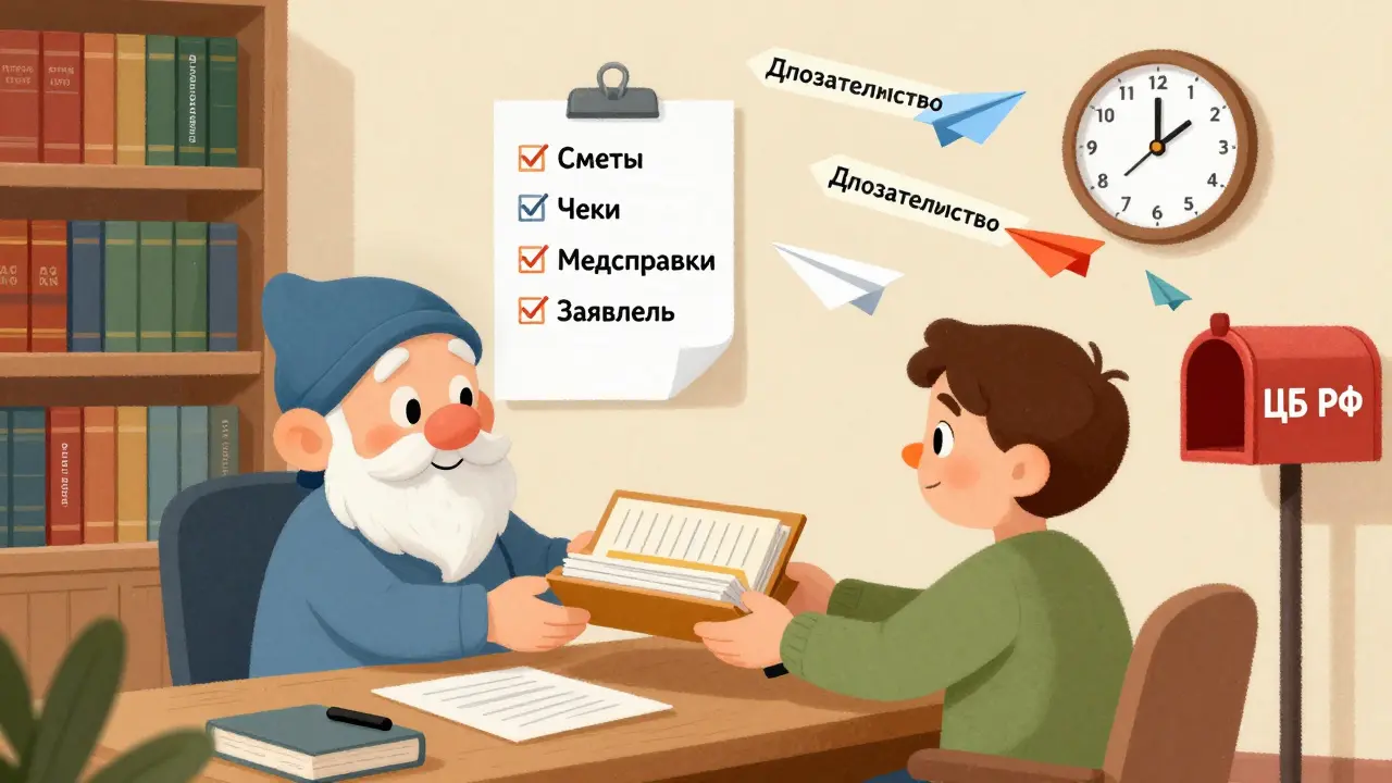 Человек передаёт папку с документами доброжелательному гному-страховщику в уютном кабинете.