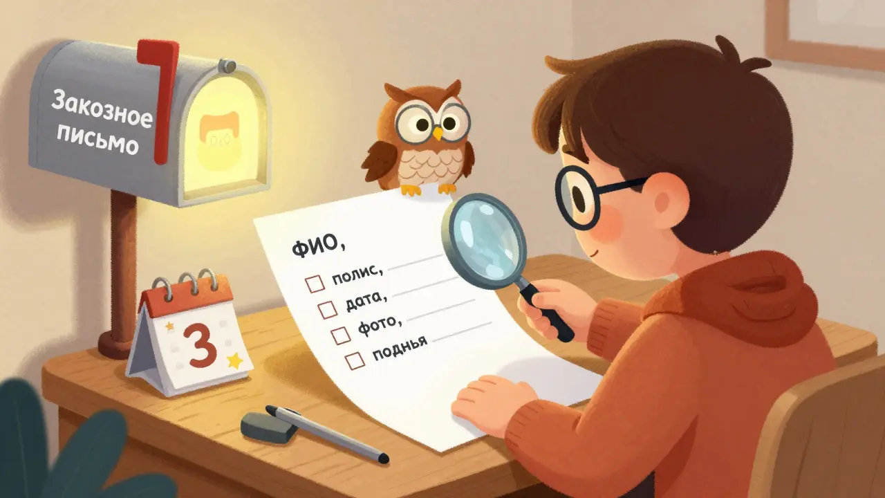 Человек пишет заявление в страховую, рядом — контрольный список и почтовый ящик с золотым светом.