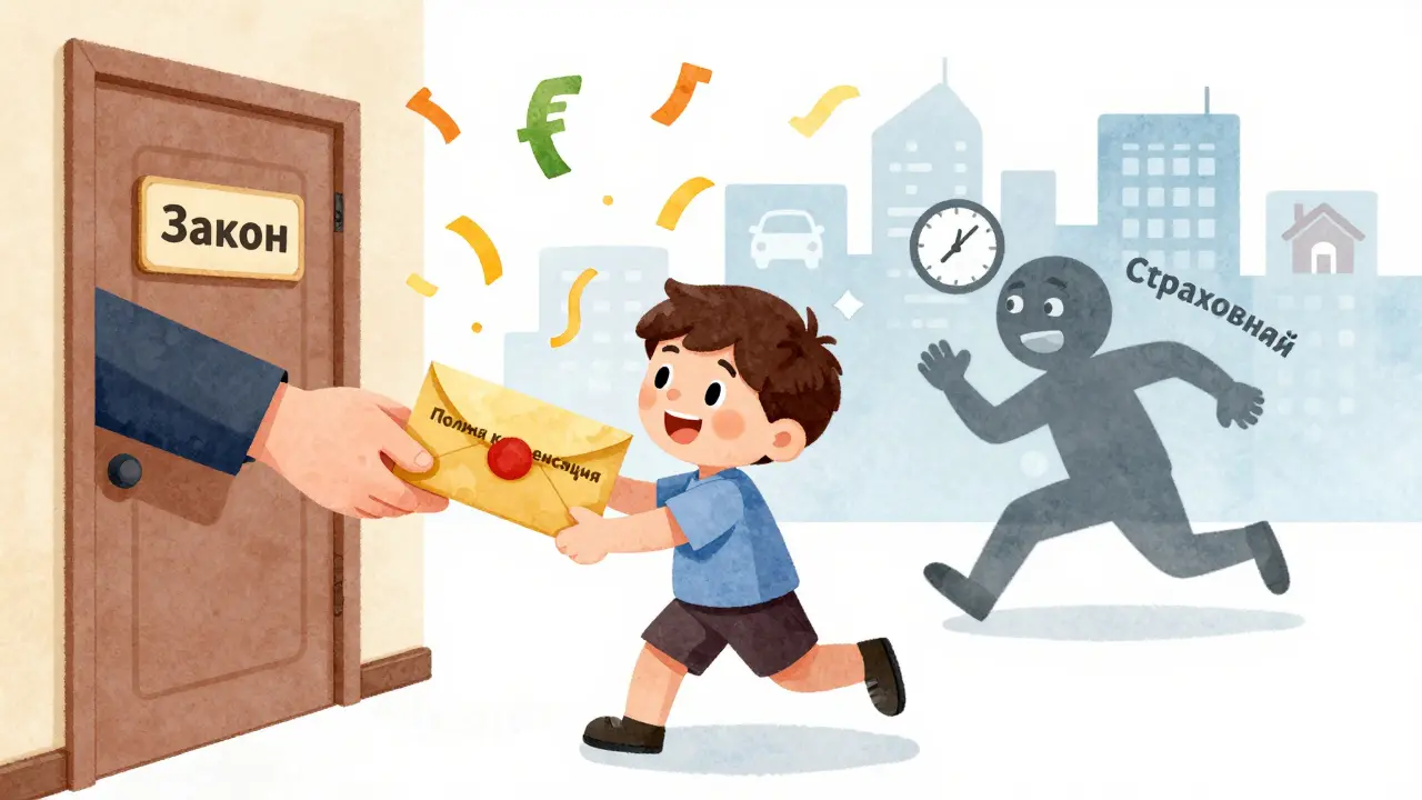 Человек получает золотой конверт с полной компенсацией, пока страховая компания убегает в панике.