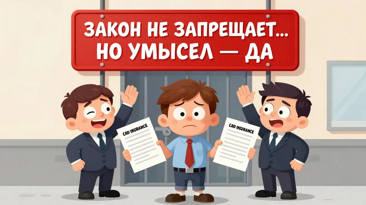 Человек с двумя страховыми бумагами, страховые агенты подмигивают друг другу за его спиной, над ним — предупреждение в виде тюрьмы.
