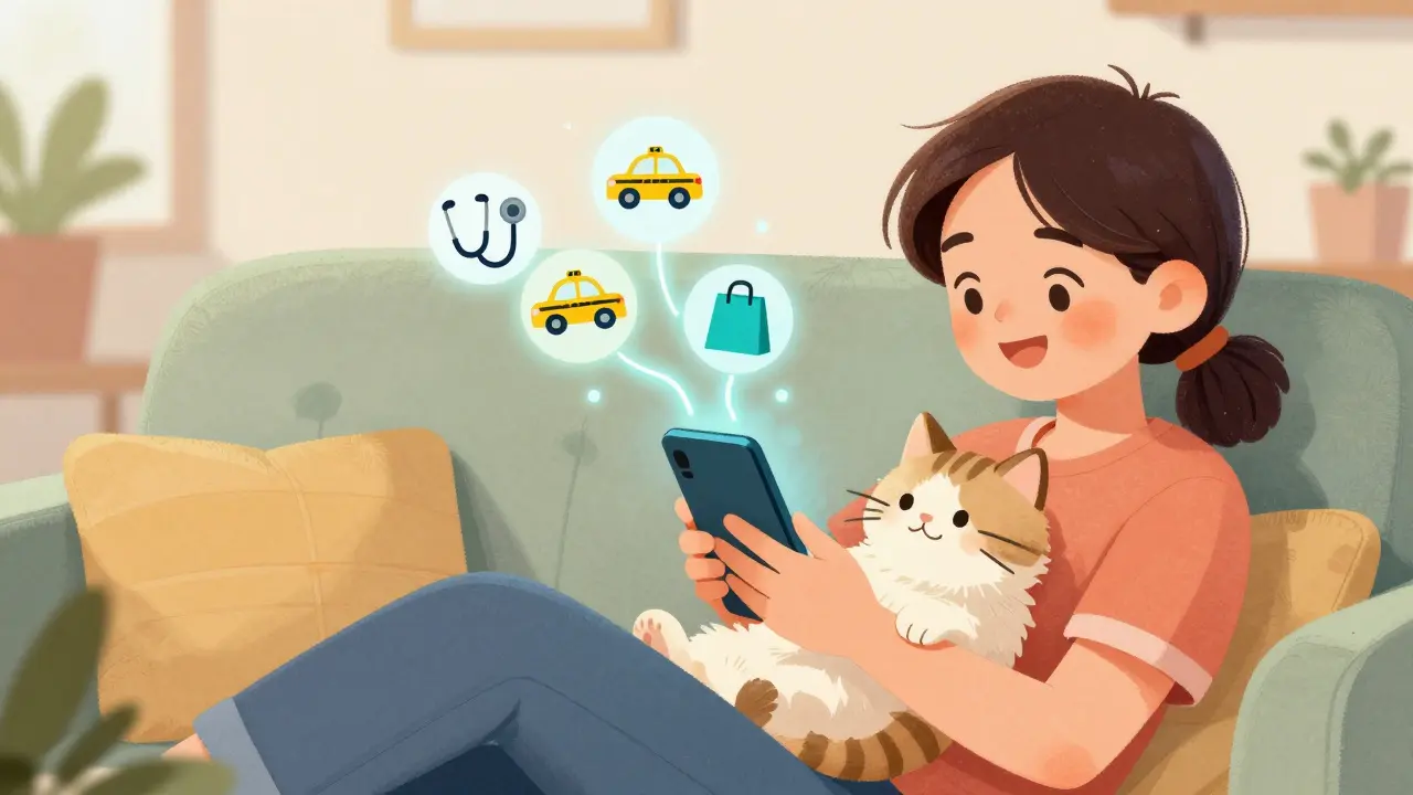 Человек с котом выбирает бонусы через смартфон