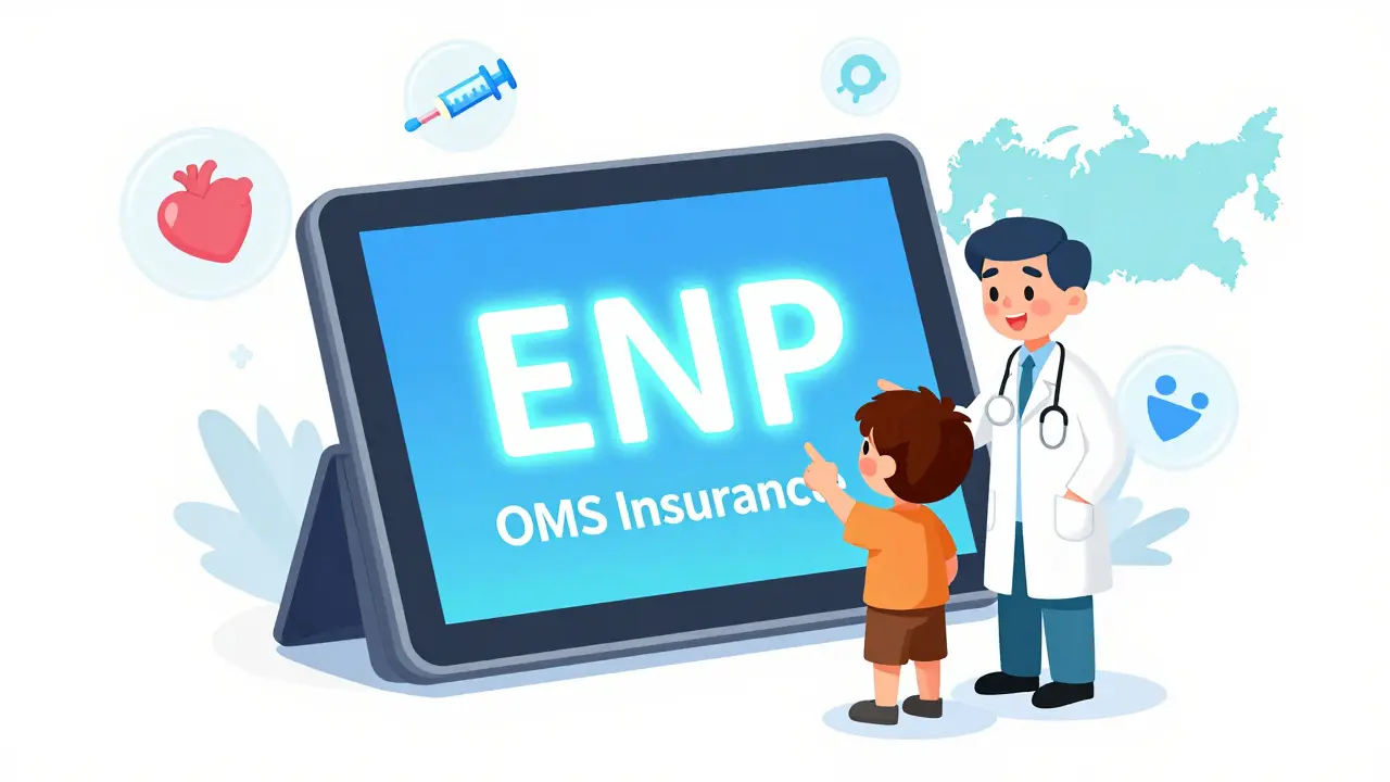 Цифровой полис ОМС на экране в виде книги, рядом — врач и ребёнок смотрят на цифровой номер и карту России.