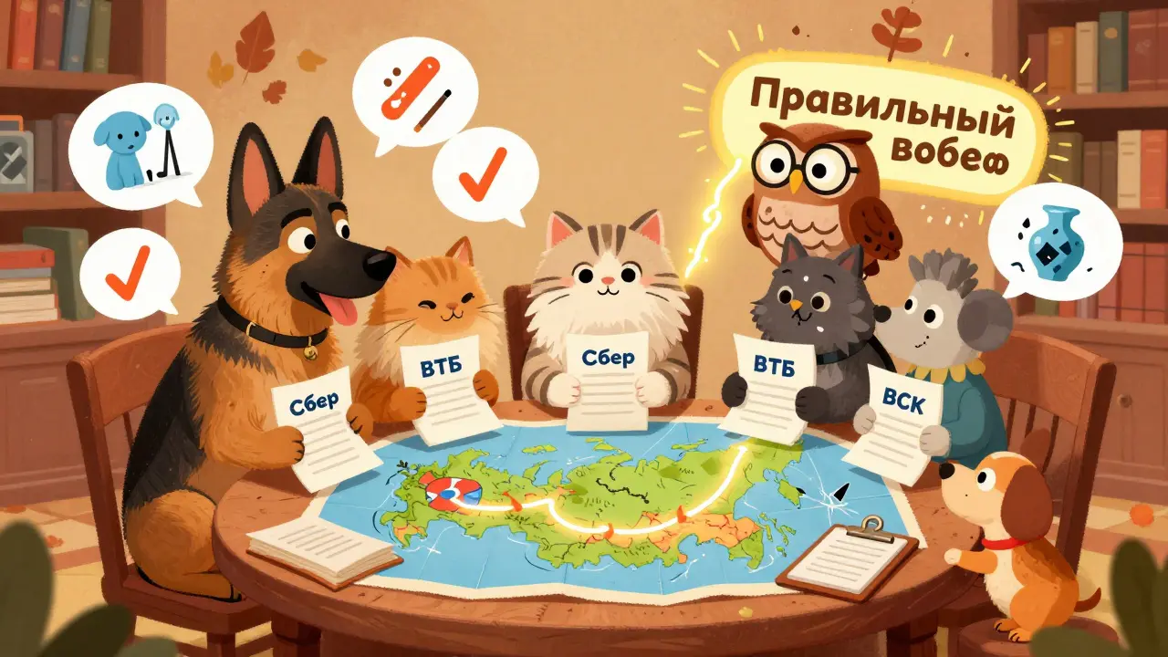 Дог, кошка и терьер сидят за столом с картой России, сова указывает на путь к правильному страховому выбору.