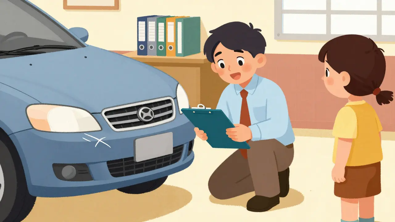 Эксперт страховой компании проводит осмотр автомобиля на ремонт