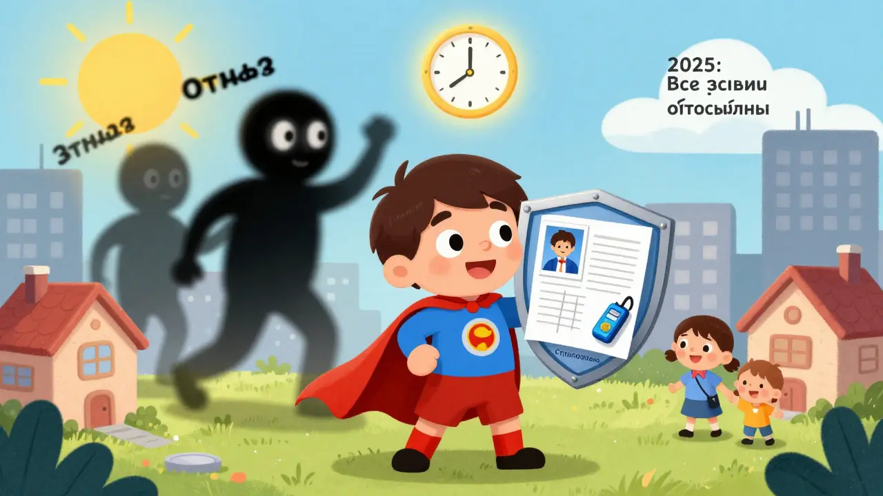 Герой в плаще держит щит из документов, тени отказов исчезают, за ним — часы с датой 2025 года.