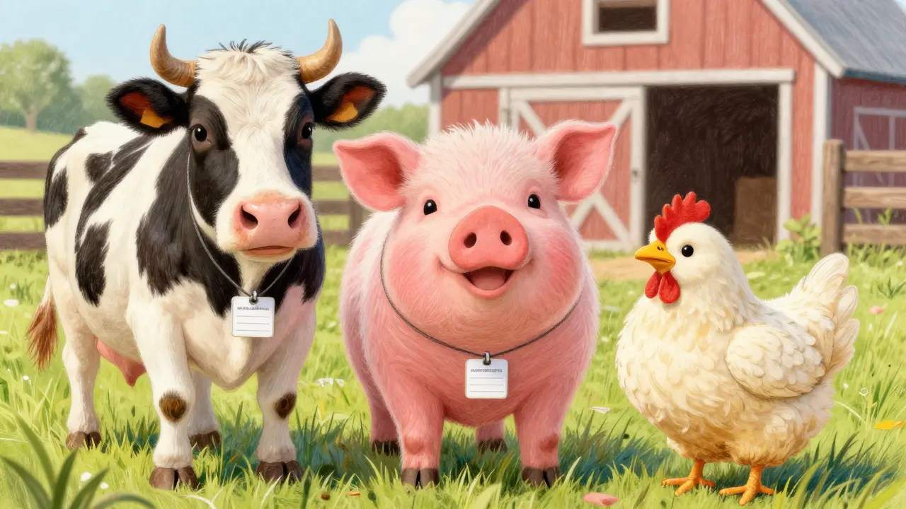 Группа счастливых коров, свиней и птиц на безопасной ферме