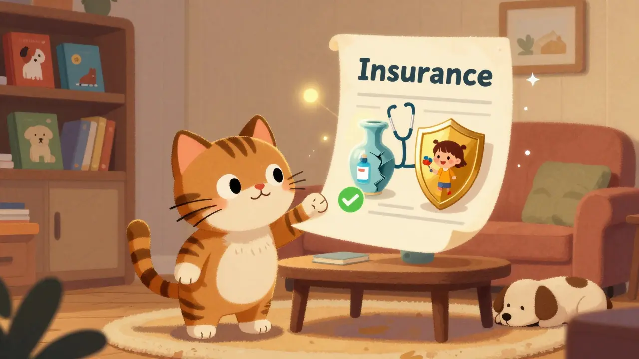 Кошка исследует волшебный документ, который защищает её от болезней и случайного ущерба, в уютной гостиной с теплым светом.