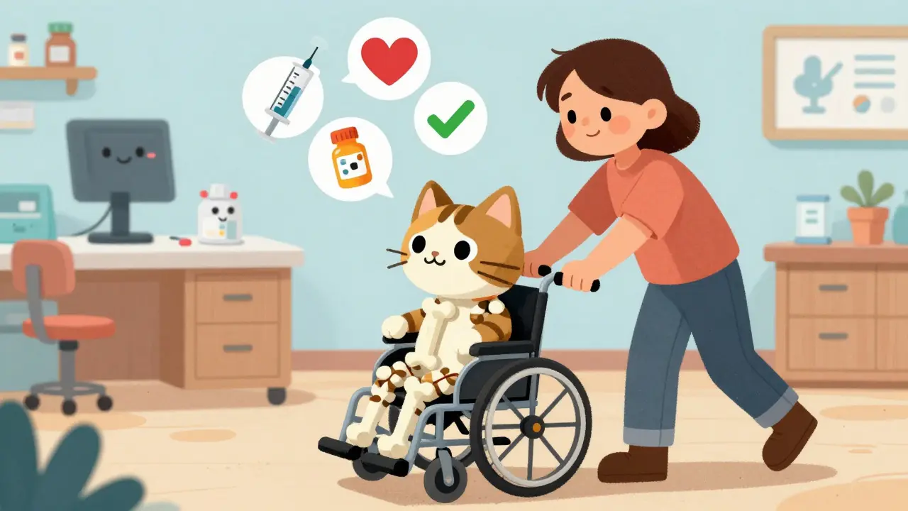 Кошка в миниатюрной коляске едет по ветеринарной клинике, вокруг — символы лечения и зеленый знак одобрения.