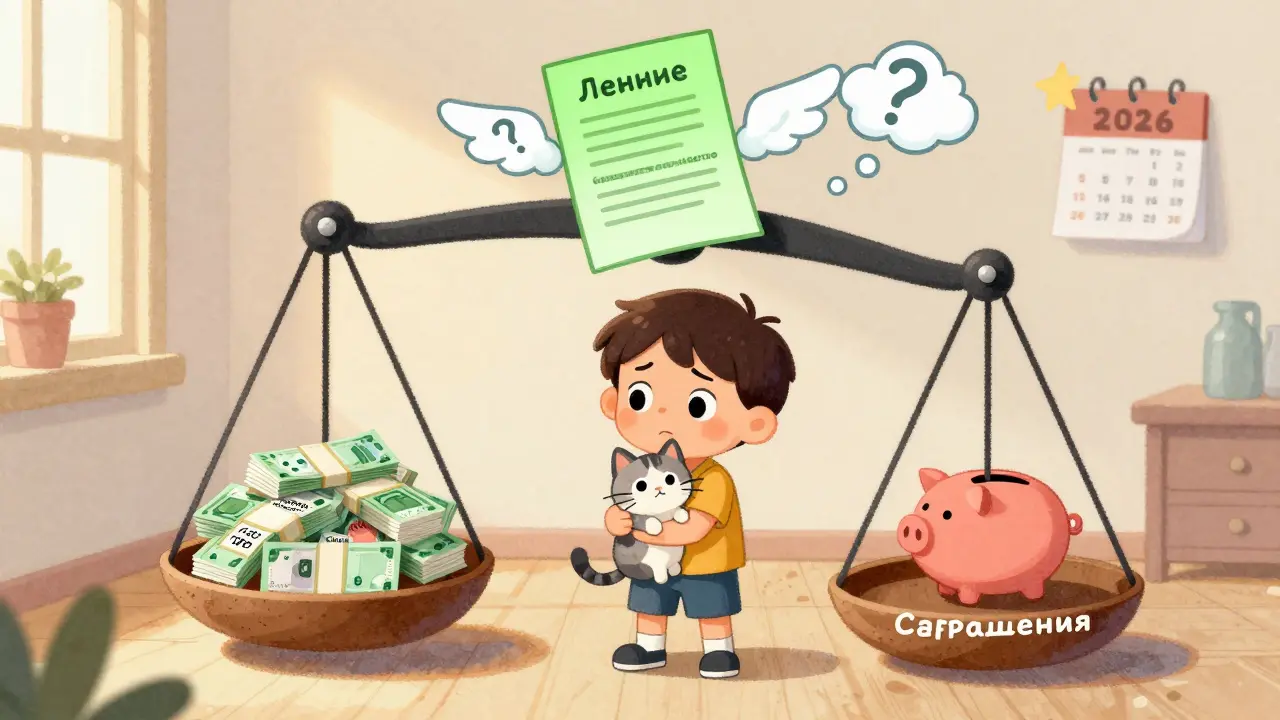 Мальчик с котом смотрит на весы: одна чаша — расходы на операцию, другая — его сбережения, над ними парит страховка.