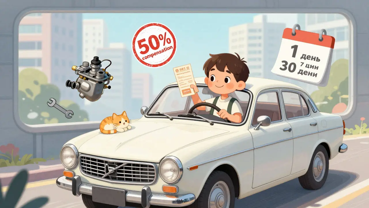 Мальчик за рулём винтажной Вольво с документами о реставрации и табличками с короткими сроками страхования.