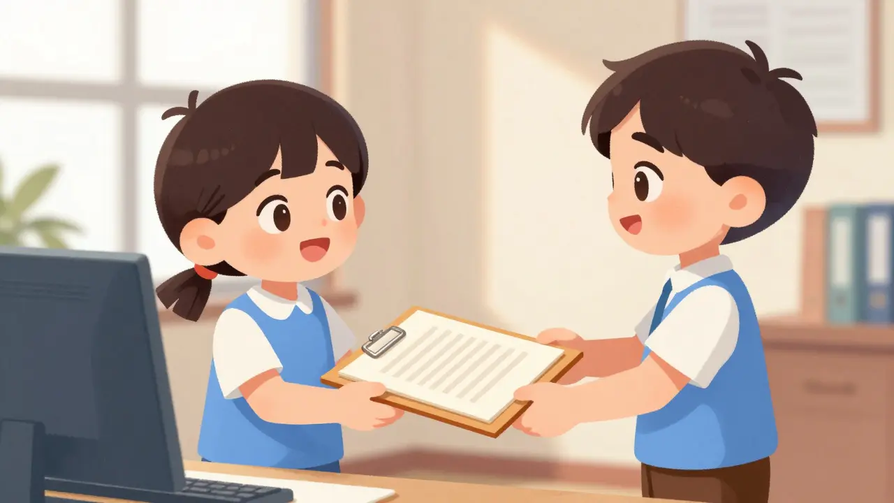 Один герой передаёт папку с документами другому в офисе.