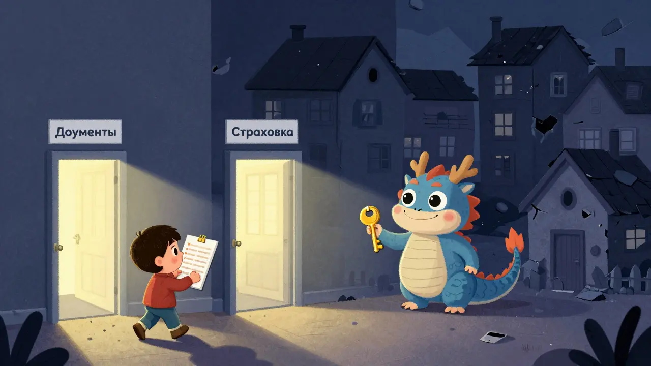 Ребёнок проходит по шагам оформления страховки, ведомый дружелюбным драконом-страховщиком.