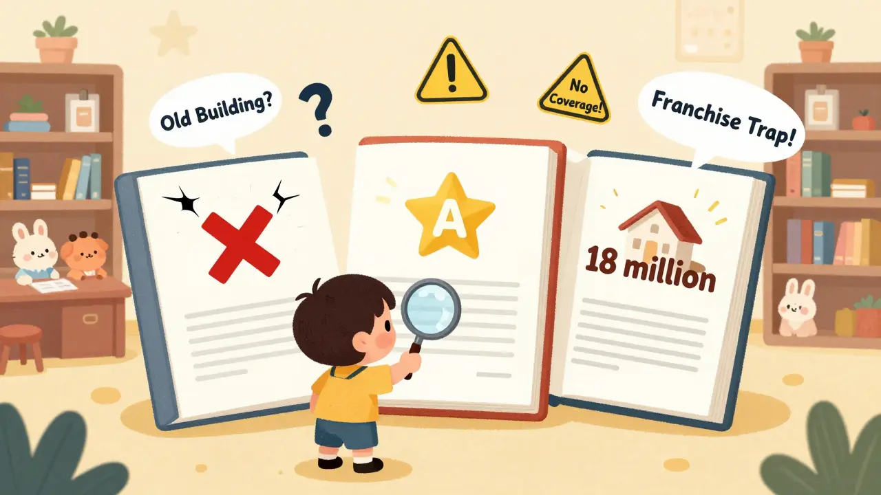 Ребёнок с лупой сравнивает три страховых полиса, рядом — предупреждающие знаки.