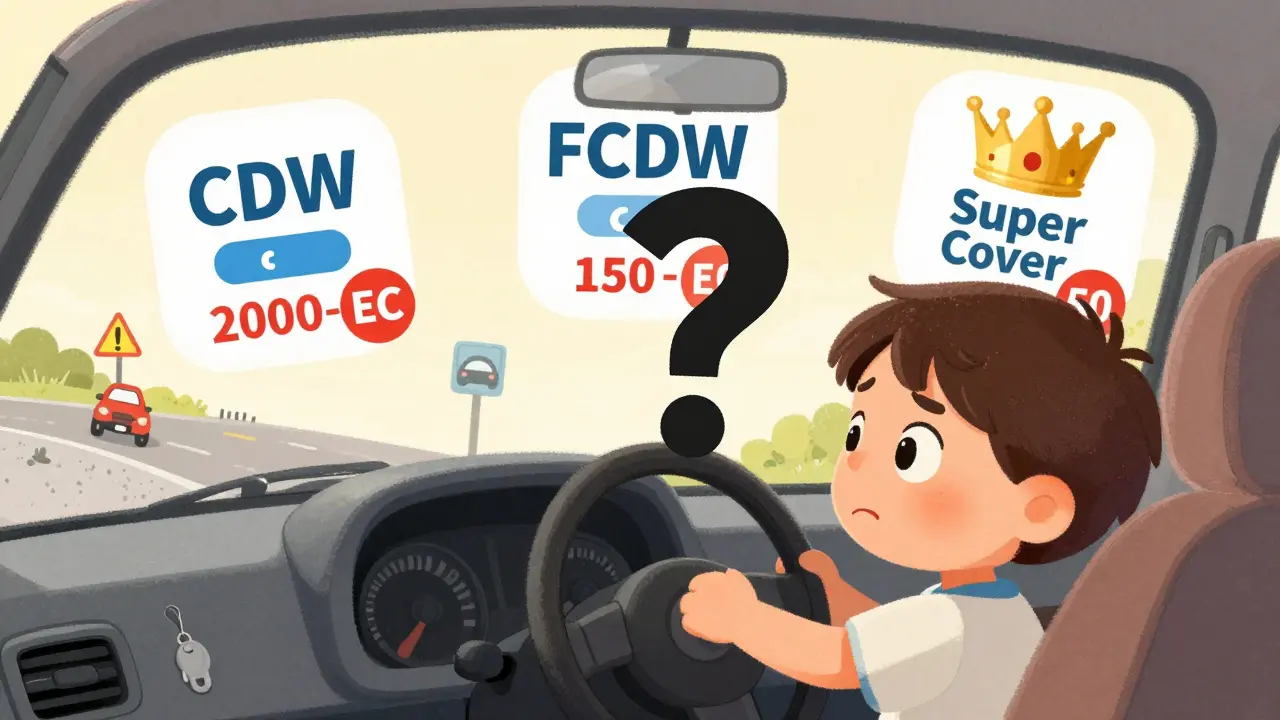 Ребёнок в машине смотрит на три вида страховки: CDW с высокой франшизой, FCDW с меньшей и Super Cover с нулевой, рядом — предупреждающие знаки о запретах.