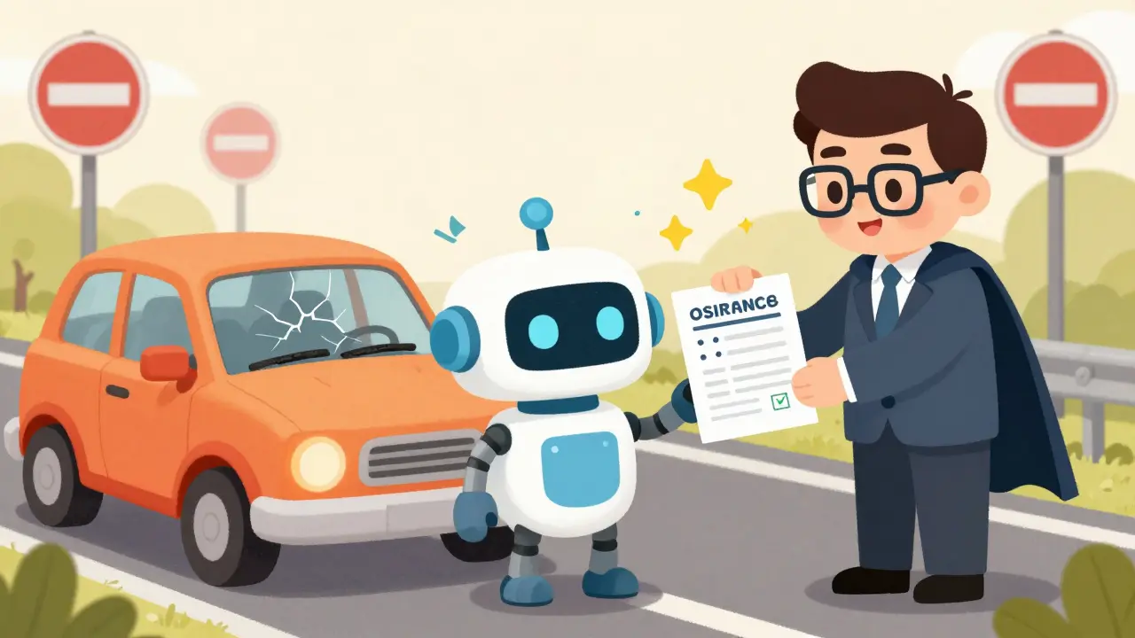 Робот с полисом ОСАГО получает дубликат от дружелюбного агента, рядом — повреждённая машина и светящиеся галочки.