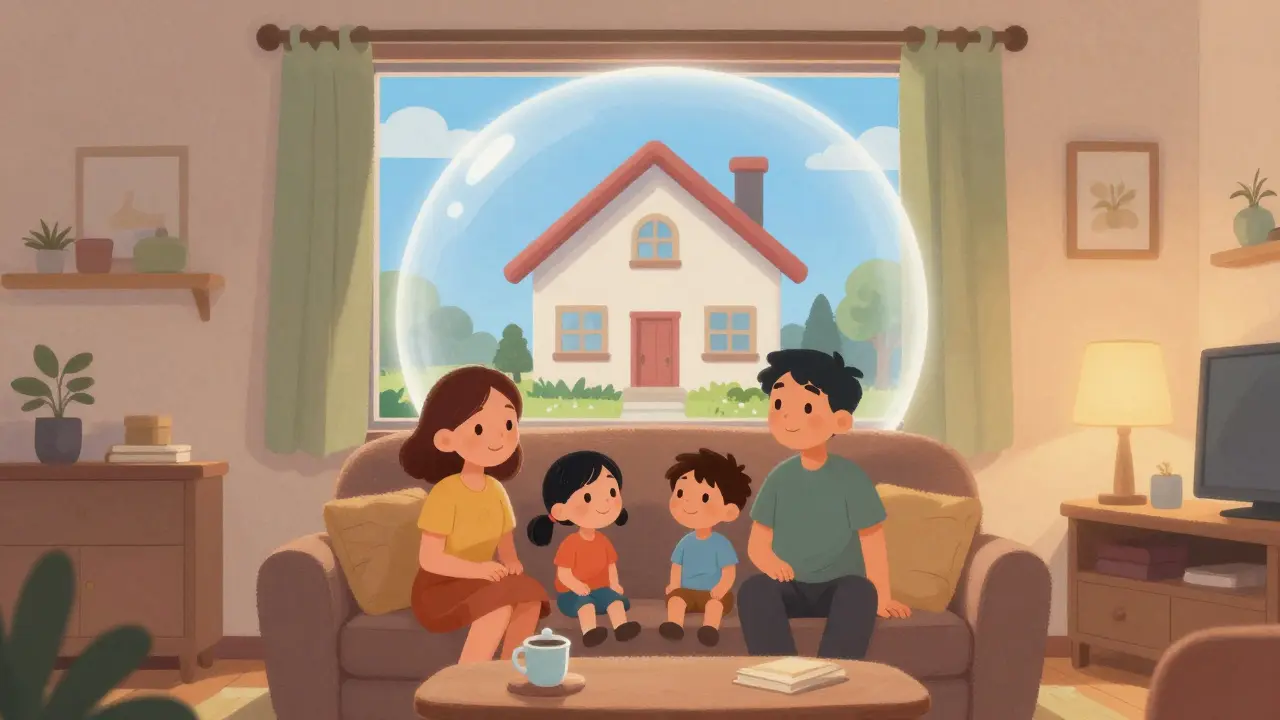 Счастливая семья внутри защищенного дома