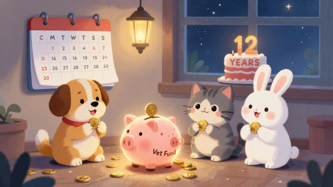 Семья домашних животников копит деньги в копилке для ветеринарных расходов, на стене — календарь с отметками.