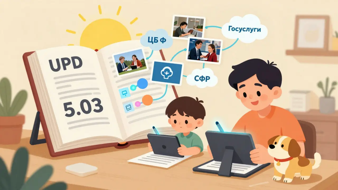 Семья подписывает страховые документы на планшетах, а вокруг них парят цифровые данные и символы государственных систем.