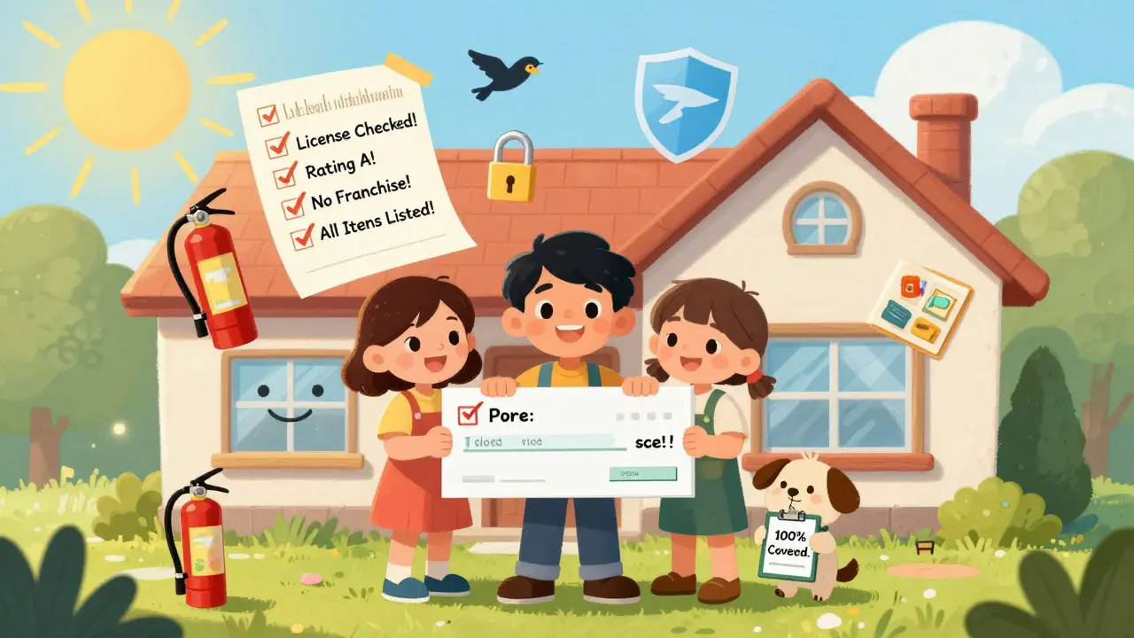 Семья получает чек за страховку, вокруг — значки защиты и проверенный список.