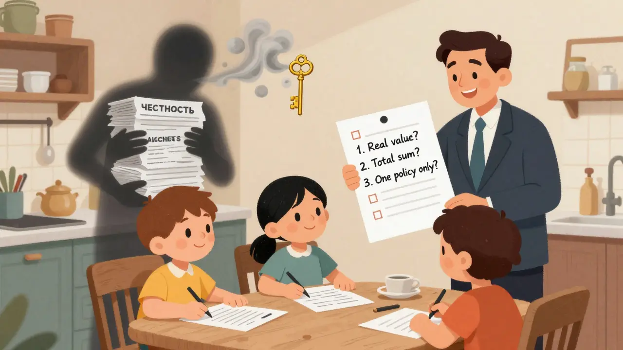 Семья с юристом за кухонным столом, рядом — чек-лист 'Честное страхование', за спиной исчезает мошенник.