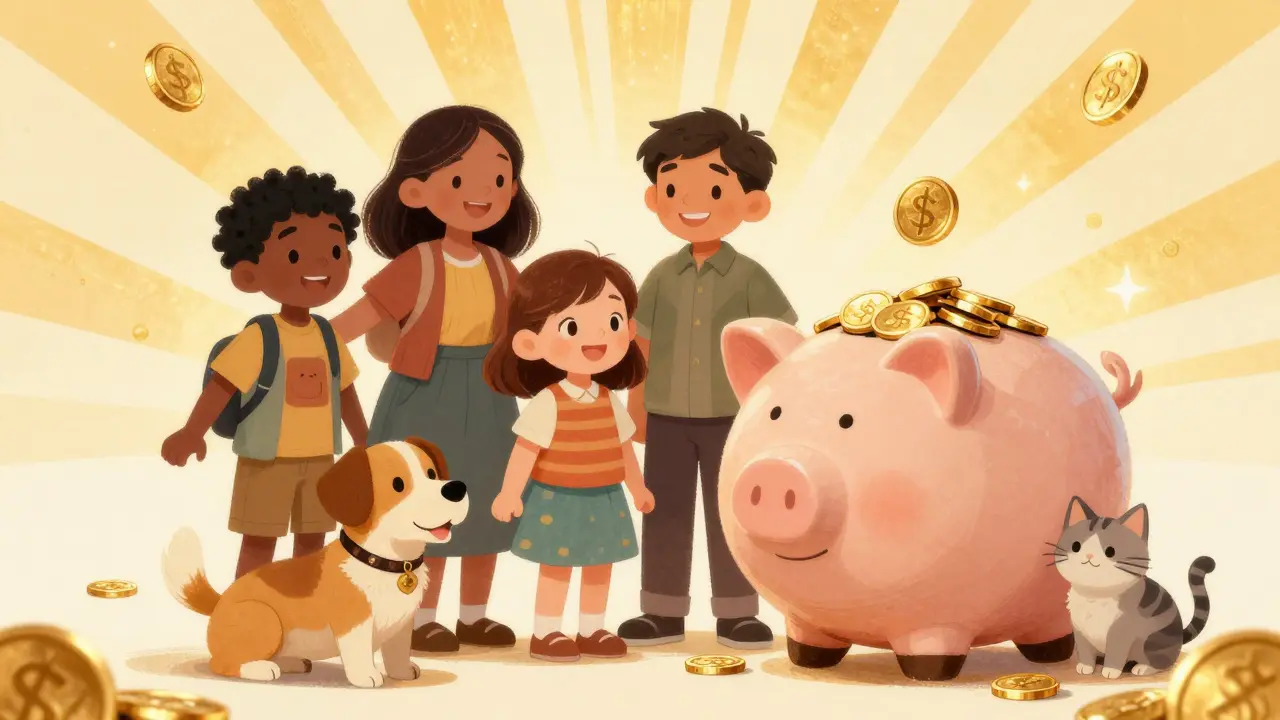 Семья с животными стоит возле копилки с золотыми монетами