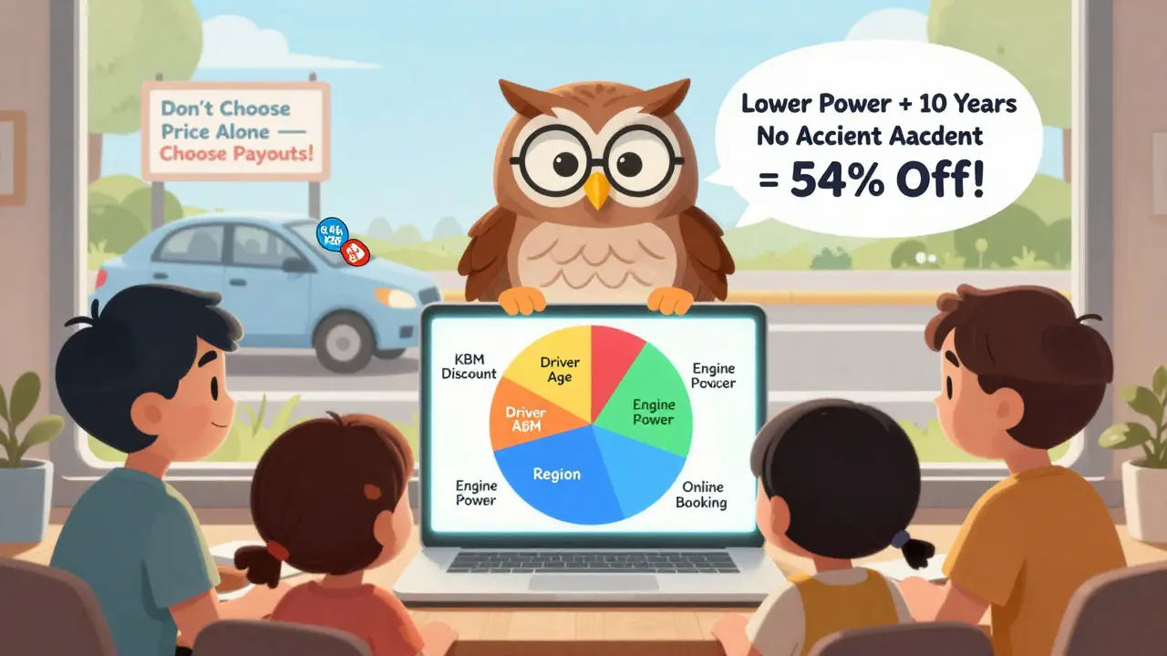 Семья смотрит на диаграмму с коэффициентами ОСАГО, мудрая сова объясняет, как сэкономить 54%.