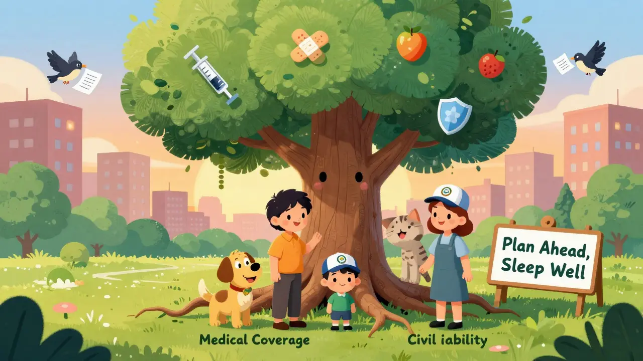 Семья стоит перед деревом страховки, чьи корни и плоды символизируют медицинскую и гражданскую защиту для питомцев.