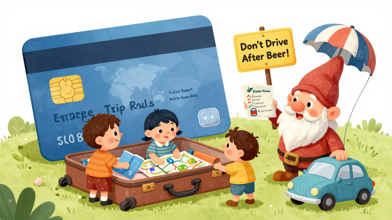 Семья упаковывает чемоданы, получая от добродушного гнома карту правил аренды авто в Европе с отметками о протоколе, чеках и запрете на вождение после пива.