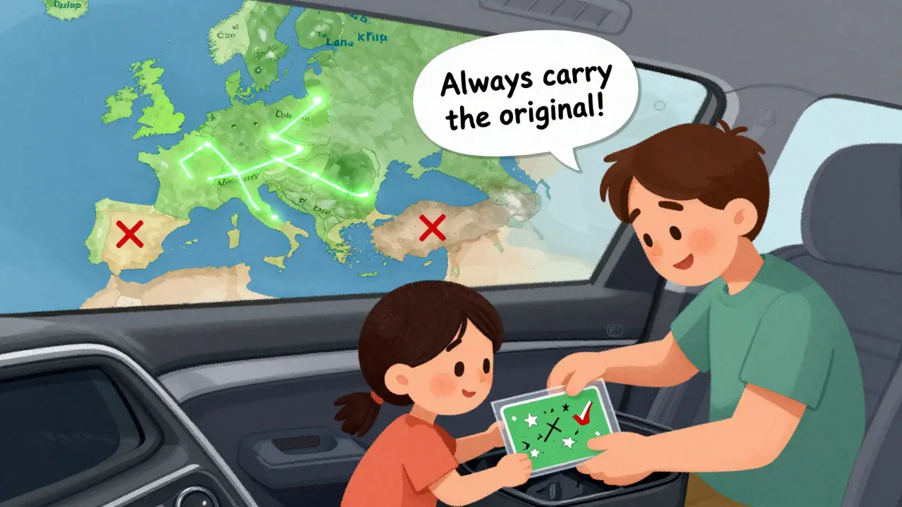 Семья упаковывает документы для поездки: зелёная карта аккуратно лежит в перчаточном ящике, на стене — карта Европы.