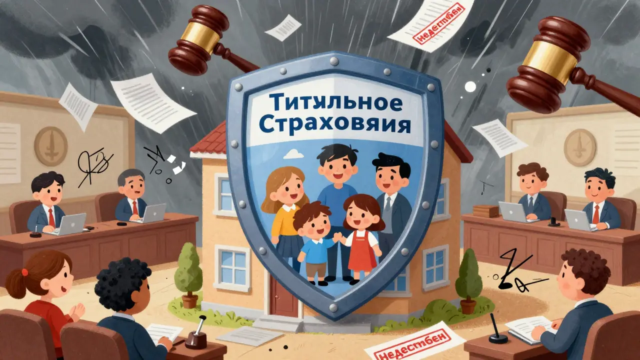Щит титульного страхования защищает дом от падающих судебных решений и документов.