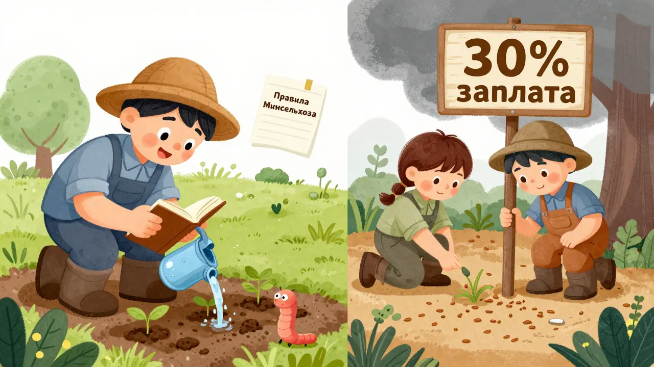 Сравнение ответственного и безответственного фермера: слева — забота и порядок, справа — хаос и риски.