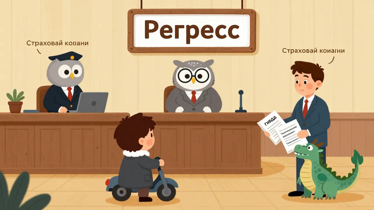 Судебное заседание: водитель против страховой компании, судья — сова, на столе документы о ДТП.