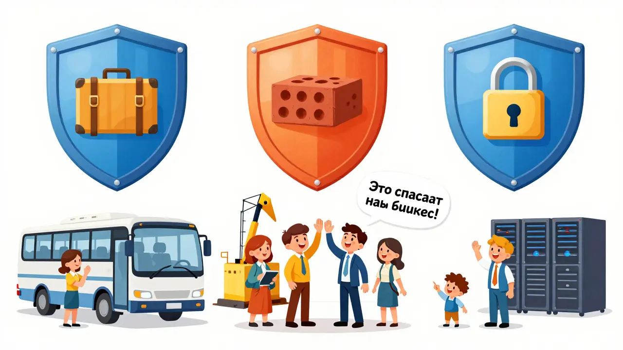 Три бизнеса — автобус, стройка и IT — защищены цветными щитами страхования ответственности.