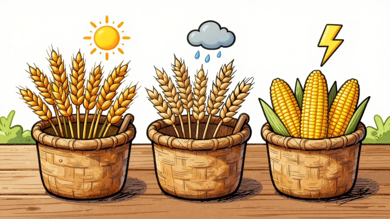 Три корзины с зерновыми культурами и погодными символами сверху