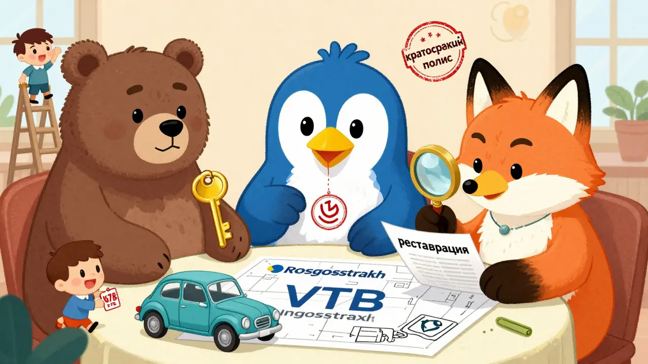 Три страховые компании в виде добрых животных передают владельцу винтажной машины ключ и краткосрочный полис.