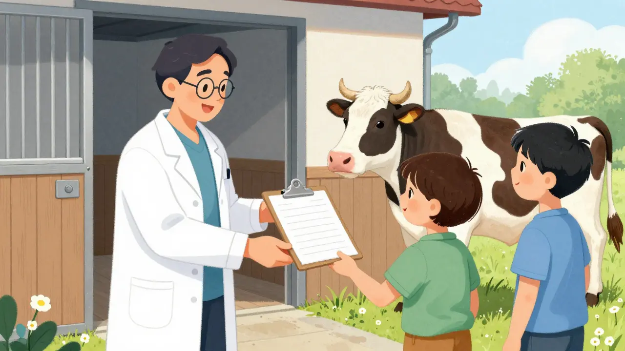 Ветврач и фермер с документами около здорового животного