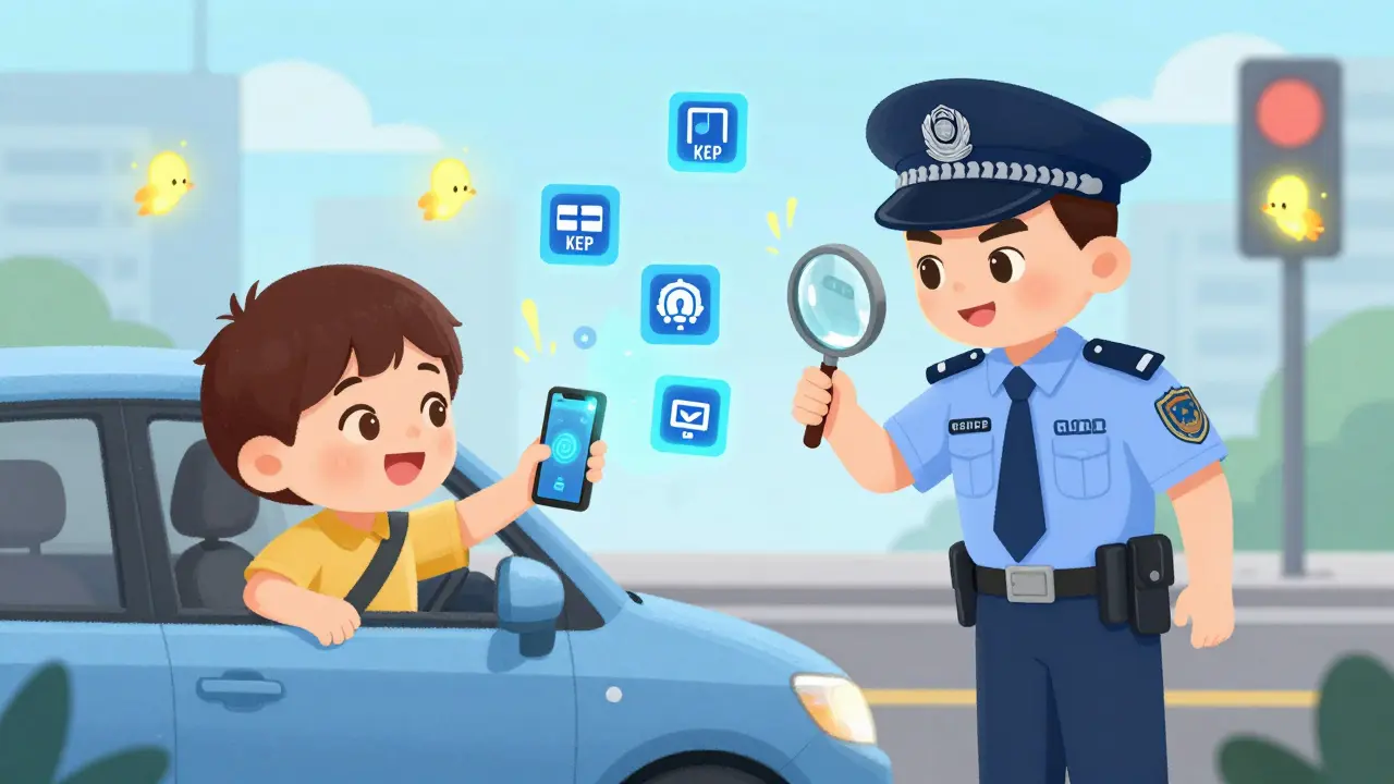 Водитель показывает инспектору ГИБДД электронный полис на экране телефона, вокруг летают цифровые значки.