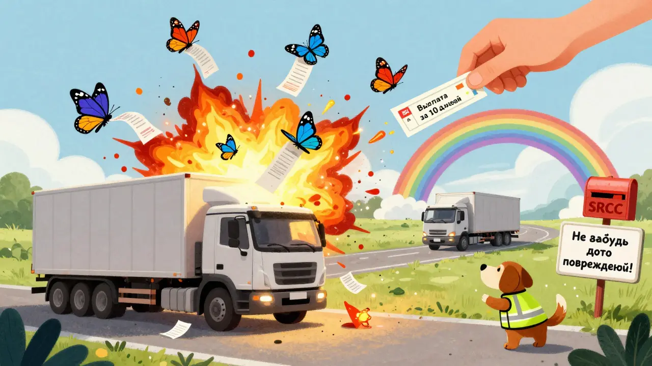 Взрыв грузовика превращается в бабочек с квитанциями, а выплата приходит в почтовый ящик.