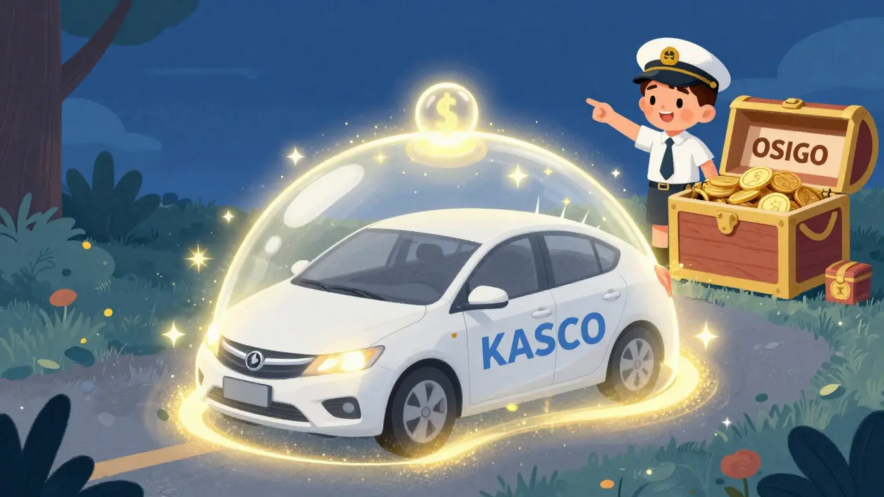 Автомобиль под защитным куполом страхования и сундук с экономией