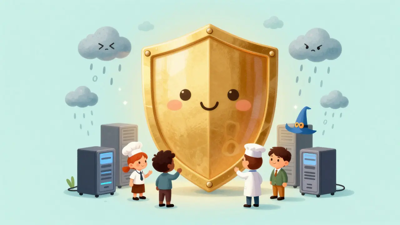 Большой золотой щит, защищающий предпринимателей и их серверы от цифрового дождя.