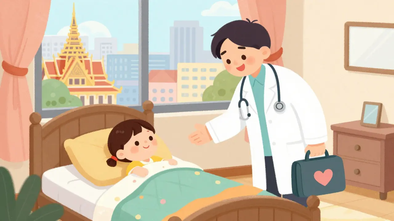 Добрый врач навещает ребенка в уютной гостиничной комнате за границей