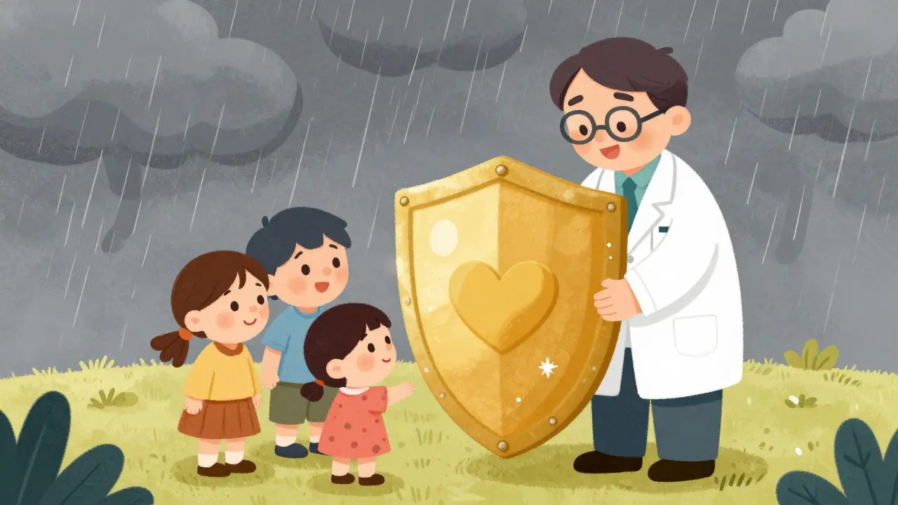 Дружелюбный врач с золотым щитом защищает семью от болезней.