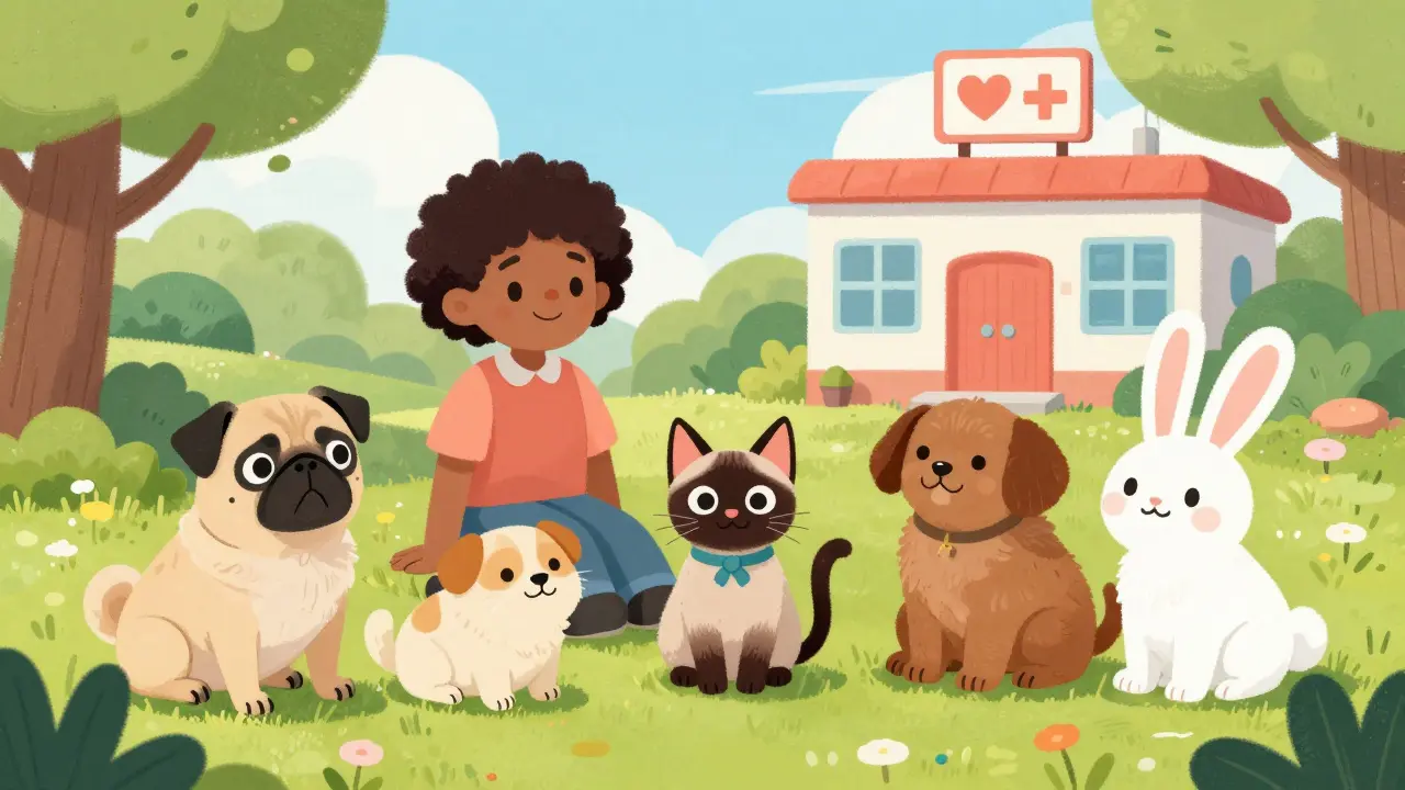 Группа домашних животных перед ветеринарной клиникой в парке