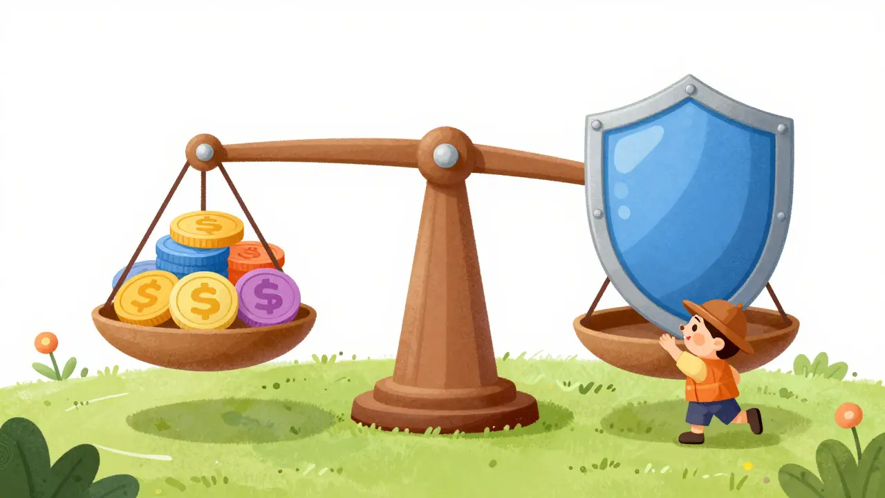 Иллюстрация весов с монетами и щитом, символизирующая разделение рисков