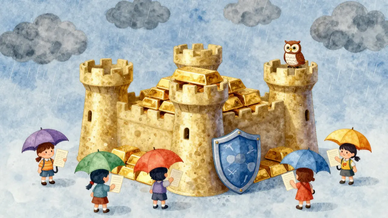 Крепость из золотых слитков защищает людей с полисами от дождя